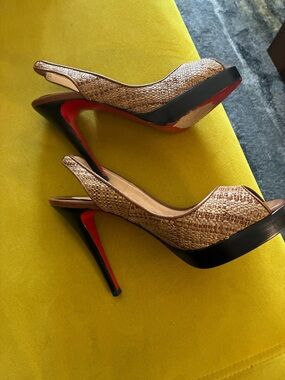 Christian Louboutin Brown Woven Peep-Toe Slingback Pumps with Red Soles- no box
